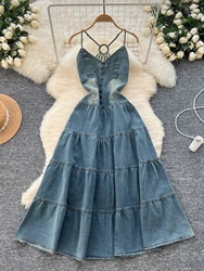 Women Denim Long Dresses Hollow Out Sleeveless Bow Tie Waist Slimming Bandage Jeans Dress