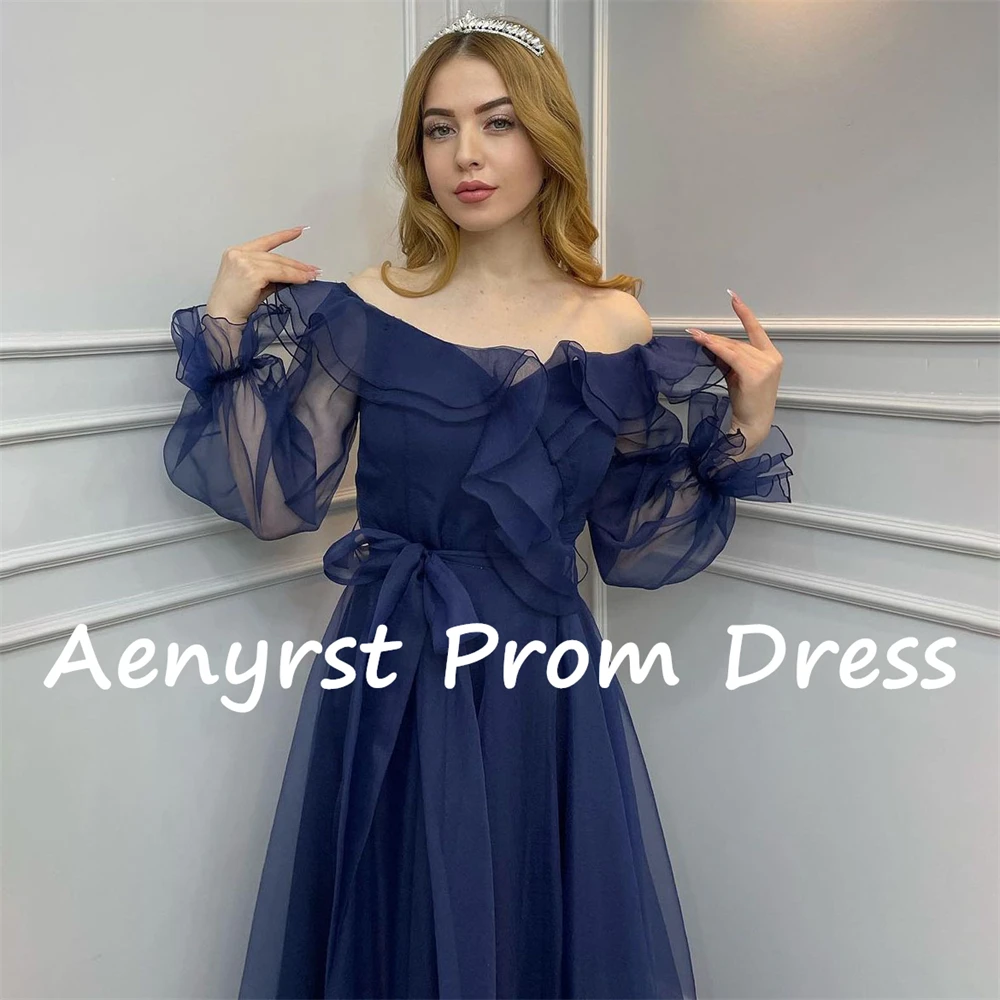 Aenyrst Off Shoulder Long Sleeves Evening Dresses A Line Ruffles Orangza V Neck Belt Prom Gowns Floor Length Dinner Party Dress