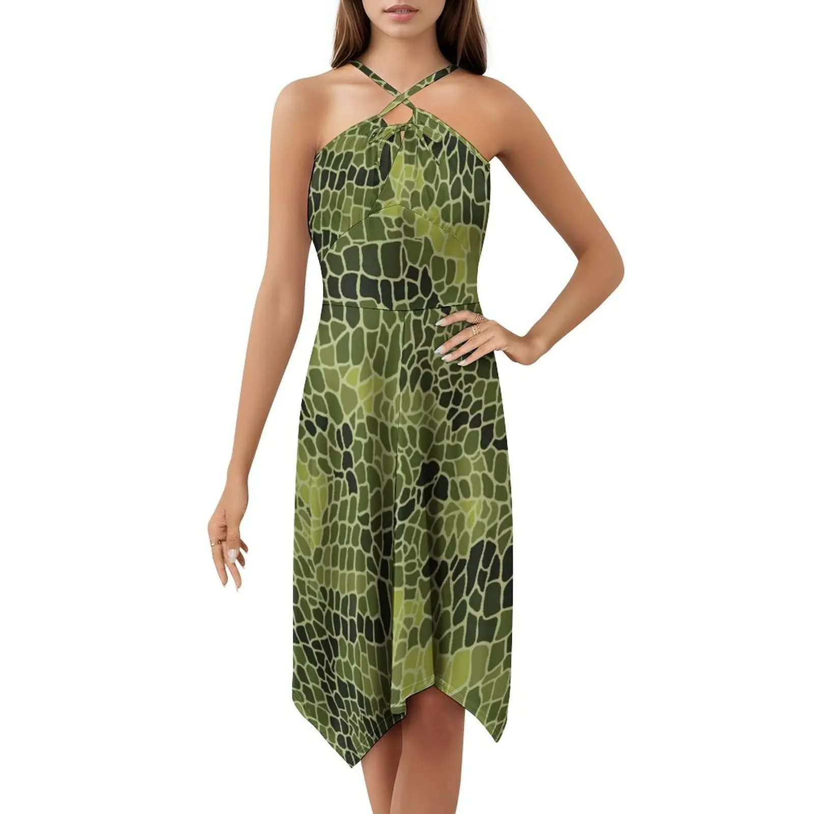 Alligator Scale Pattern Bohemian Sleeveless Dress For Women Print Beach Party Dresses Alligator Crocodile Cute Funny Haunted