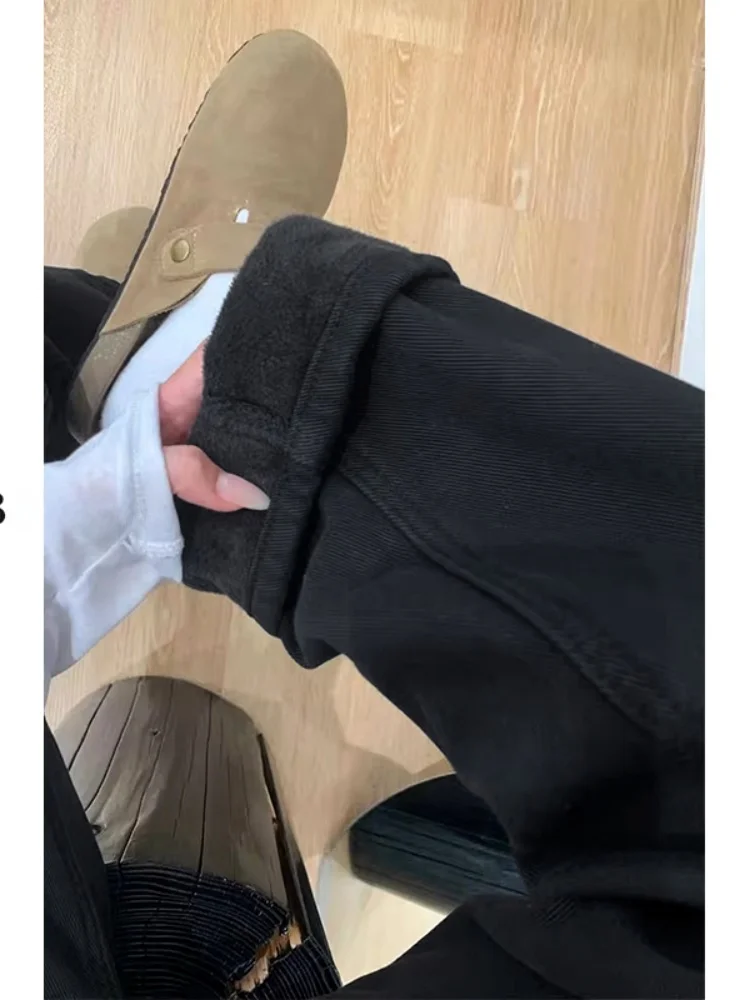 

Джинсы прямого кроя на флисовой подкладке для женщин, осенне-зимние, больших размеров, с широкими штанинами, теплые, с высокой талией, закрывающие бедра