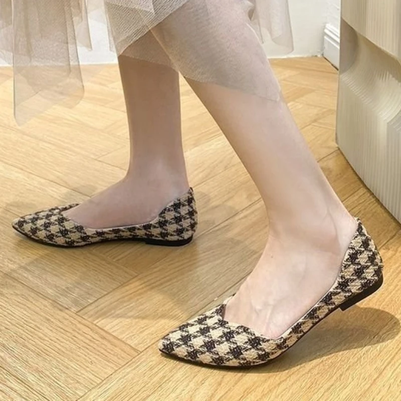 

Shoes for Women 2023 Fashion Spring and Autumn Women's Flats Casual Houndstooth Pointed Toe Shallow Mouth Zapatillas De Mujer