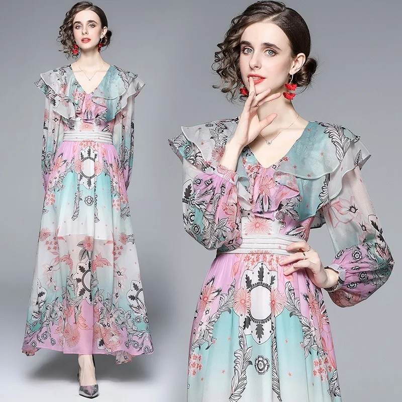 

Women Elegant V Neck Floral Print Long Dress Vestido Puff Sleeve Lady 2024 Holiday Club Party Vintage Robes Commuter Outfits