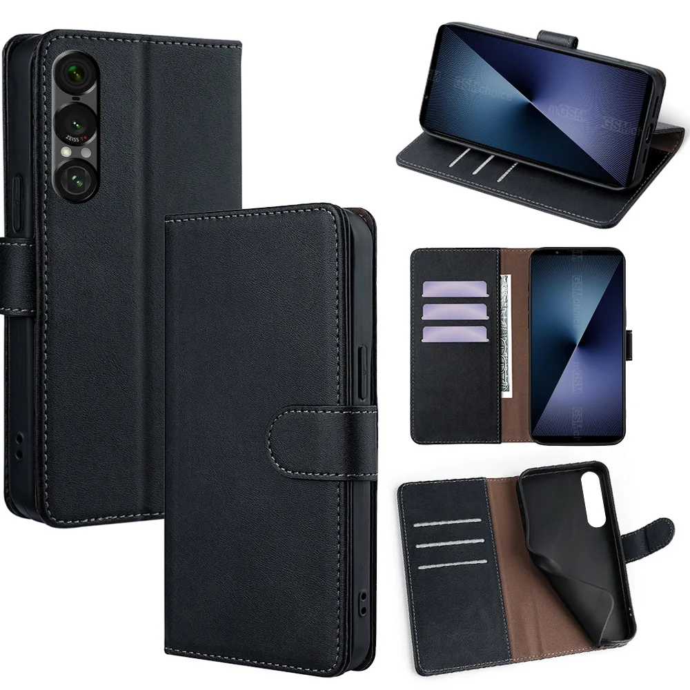 

Кожаный чехол-флип с магнитной застежкой для Sony Xperia 10 VII/10 VI/5 V/10V/5 II/1 III со встроенными слотами для карт и функцией кошелька