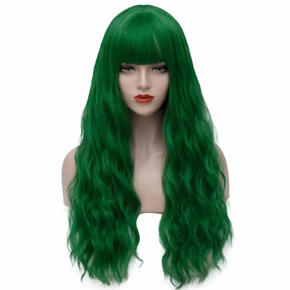 Women Long Wavy Green  with Bangs Cosplay  Party Wigs