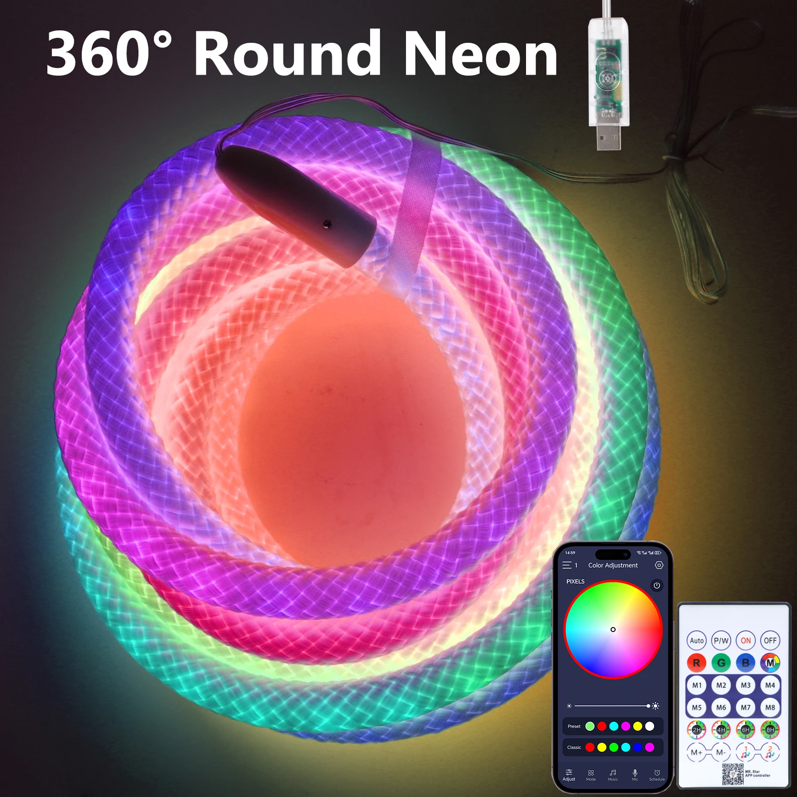 360 Degree Round RGBIC Neon Rope Light 5V USB IP67 1-5M/Roll Flexible Tube with 24Key Kit Dream Color Neon LED Strip Room Decor