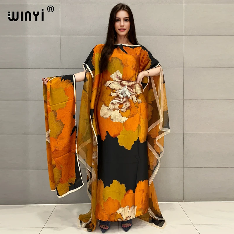 WINYI summer Double-layer printed evening dress Women Print Female kaftan abaya dubai luxury maxi long down dress with belt