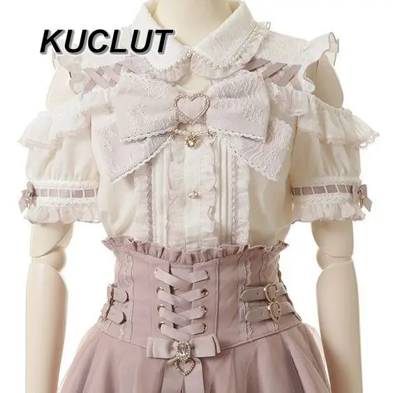 Japanese Mine Off-the-shoulder Big Bow Short-sleeved Shirt Women Blouse Spring Summer New Lace Splicing Cute Girl Lolita Shirts
