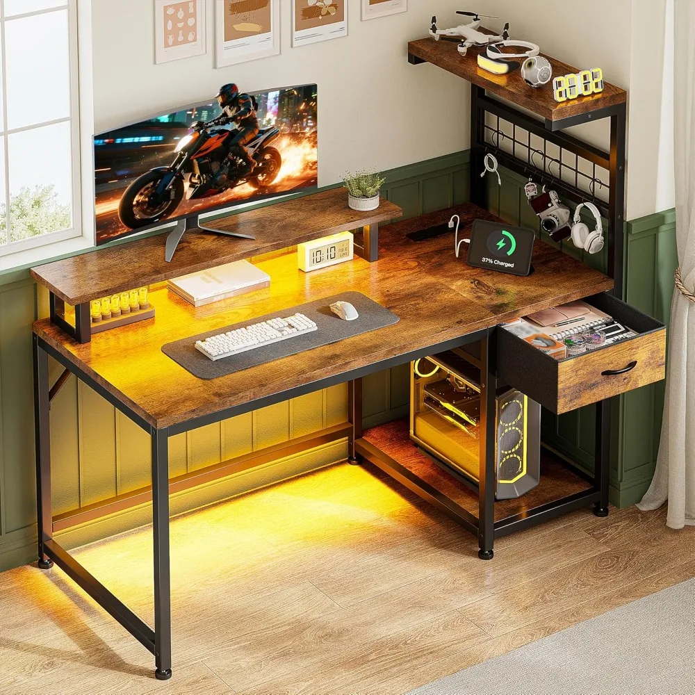 

40" Reversible Computer Desk with Power Outlets & LED Lights,Home Office Desk with Drawers & Storage Shelves, Gaming Desk with