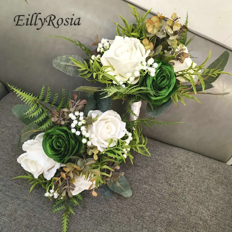 EillyRosia White Dark Green Wedding Bouquet Supplies for Ceremony Made to Order Waterfall Bride Holding Flowers Artificial