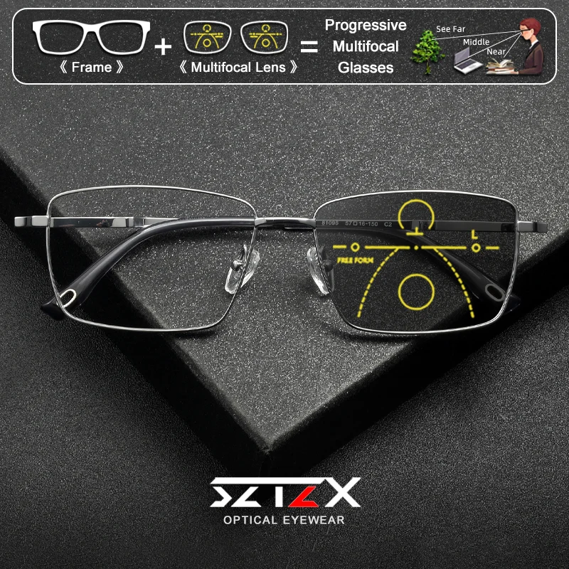 

SZTZX Ultralight Titanium Square Design Men Photochromic Eyeware Oversize Frame Anti Blue Ray Multifocal Prescription Eyeglasses
