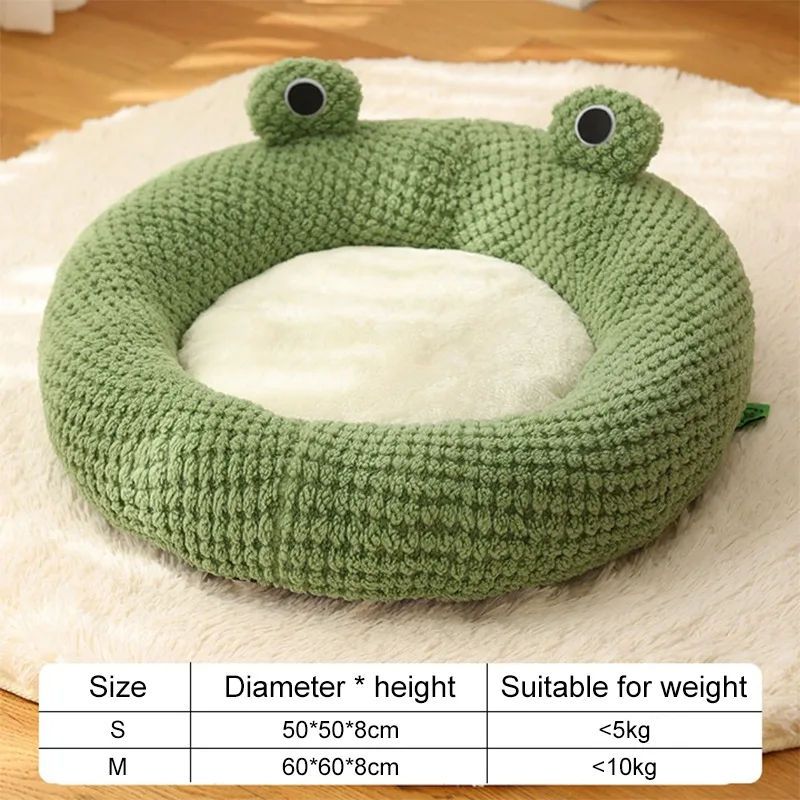 Pet Cat Dog Nest Plush Round Cartoon Frog Mat Winter Warm Deep Sleep Bag Comfort Soft Puppy Dog Bed 2 In 1 Warm Cat Basket