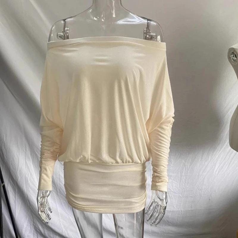 2000s Retro design niche off shoulder long sleeved T-shirt irregular unique sexy girl slanted shoulder one shoulder short Dress
