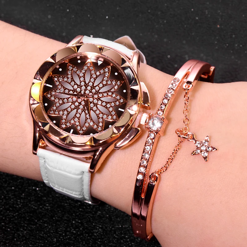 

smvp Women Watch set 2 pcs Flower Rhinestone Leather Straps Casual ladies Wristwatches Quartz Watches Female Gifts Relogio Fe