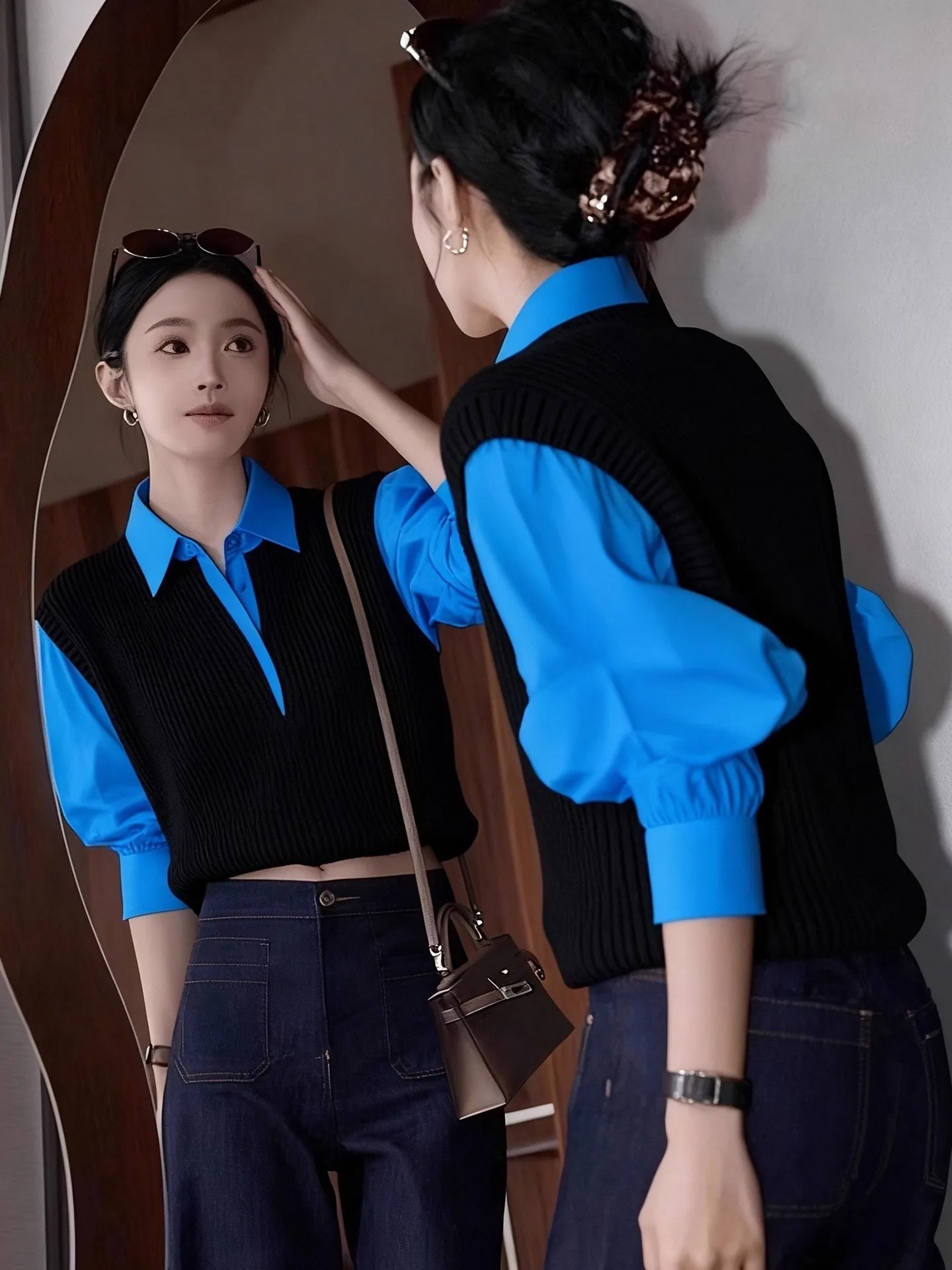 

Цветной вязаный облегающий топ, женский модный осенне-зимний утягивающий модный искусственный пуловер из двух предметов с высокой талией, длинный свек