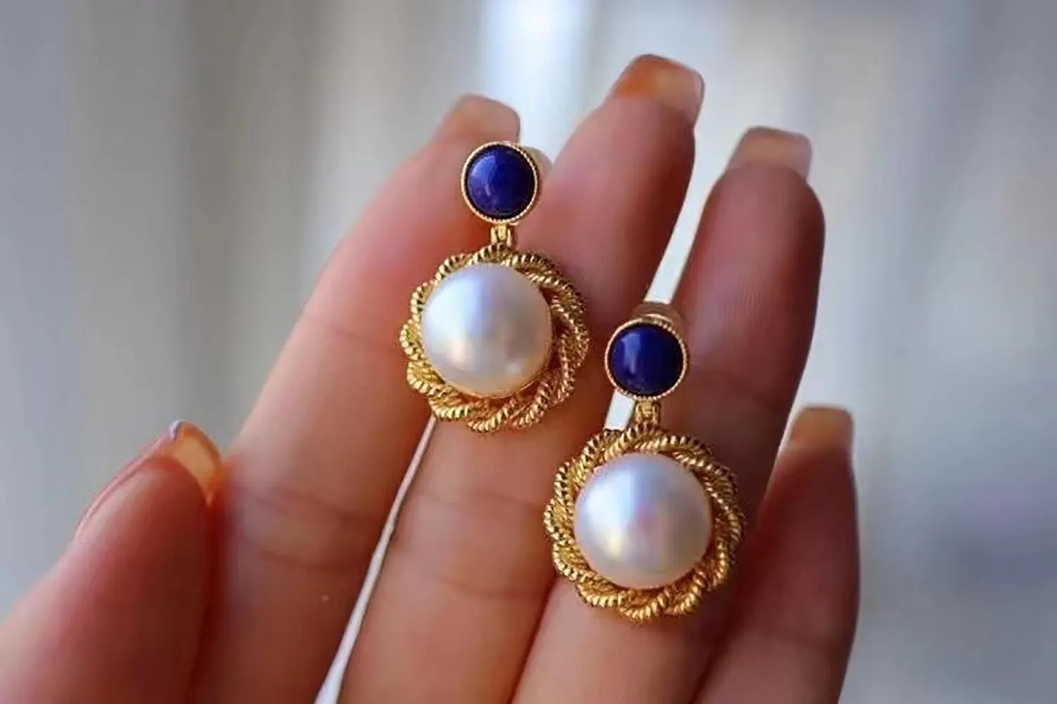 1pcs/lot Selected vintage aurora bread pearl lapis lazuli drop earrings Sterling silver plated 18k gold craftsmanship exquisite