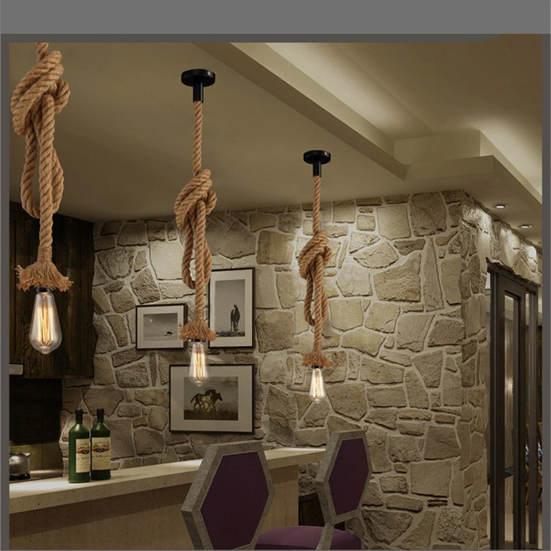 مصباح معلق على الطراز العتيق في حبل القنب بدون مصباح 150 سم AC220 V E27 مثالي كديكور لبار المطعم المنزلي وما إلى ذلك