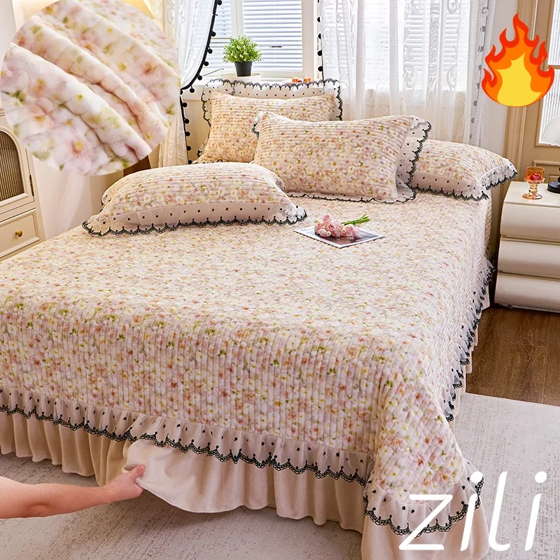 Quilted Bed Skirt Floral Lace Thickened Bedspread For Single Double Bed Cover Coverlet Twin Queen Size Bedding Non Slip Sheet