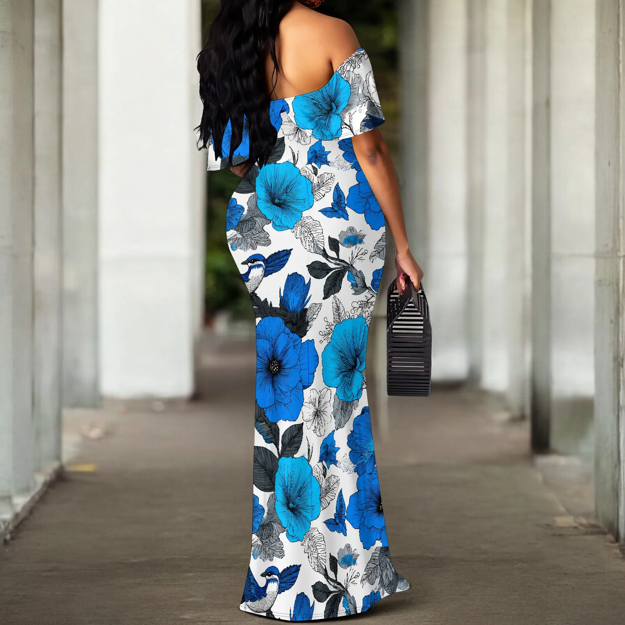 ผู้หญิงเซ็กซี่ฤดูร้อนปิดไหล่ Maxi ชุดดอกไม้ Ruffle ชุดราตรียาวชุด