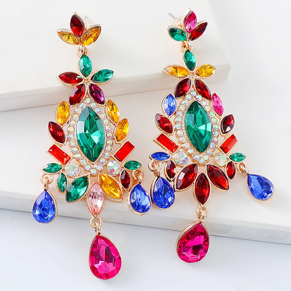 Fashion Rhinestone Statement Drop Dangle Earrings Large Colorful Crystal Chandelier Earrings for Women Bridal Wedding Party Prom