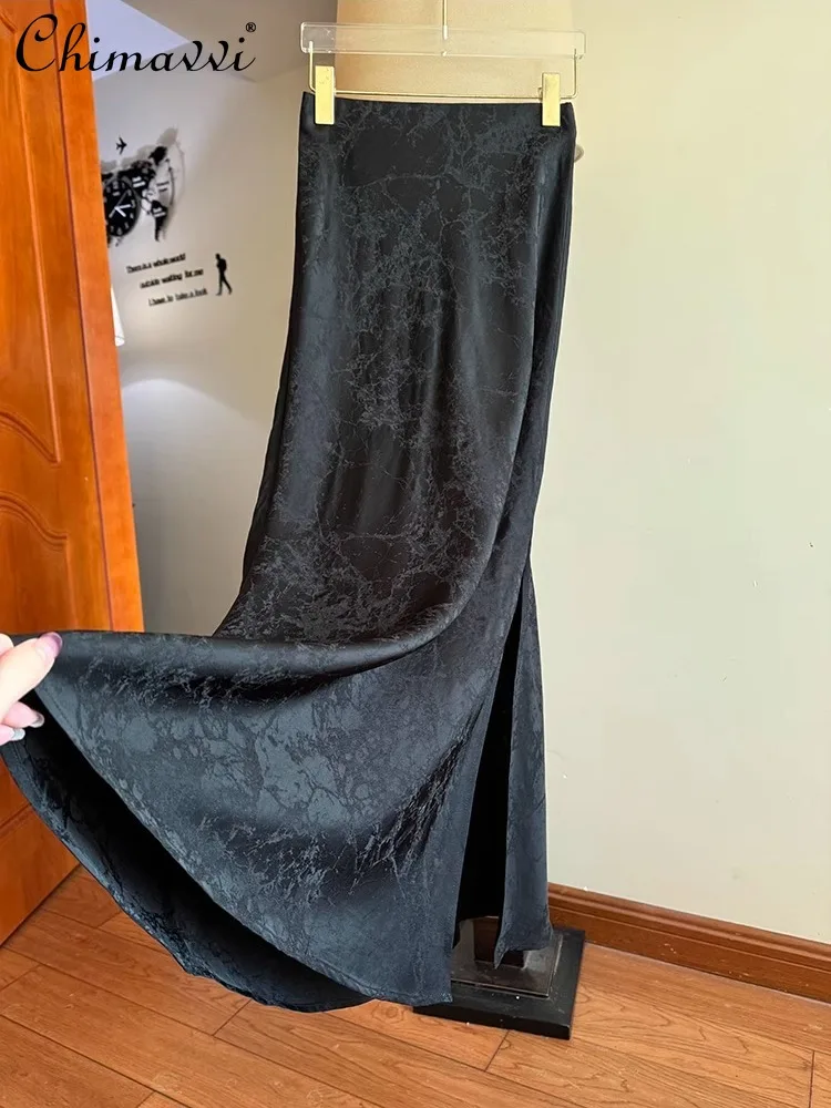 

2025 Spring and Summer New Fashion High Waist Slim Oblique Hip Skirt Female Temperament Mid-length Women's Retro Black Skirts