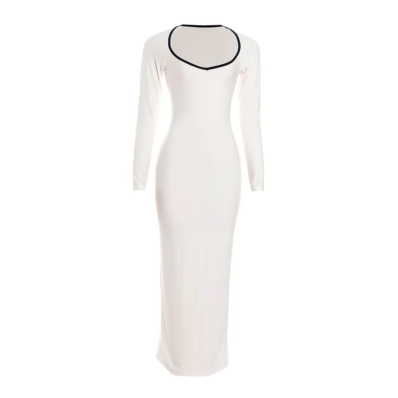 Figurbetontes Kleid mit langen Ärmeln, schmale Kleider 2025, Frau, Wickelhüfte, Vestido femininos, Kontrastfarbe, französisches elegantes Temperament