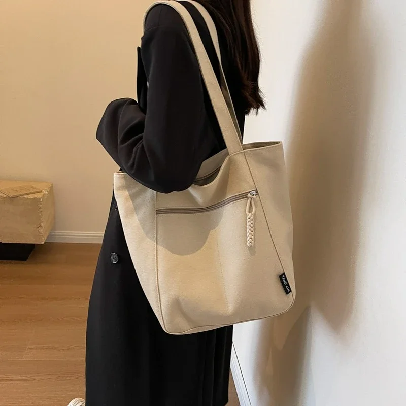 Winter Solid Vintage Canvas Shoulder Bag Fashion Leisure Art Student Handbag Large Capacity Commuter Women Tote Bag