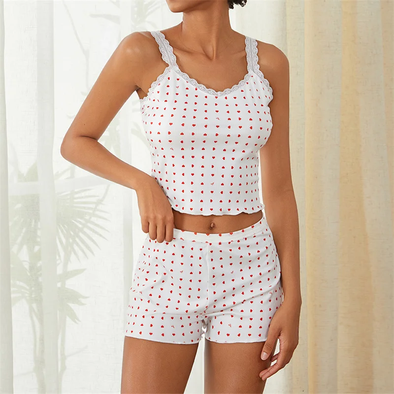 Women Y2k 2 Piece Lace Strap Shorts Set Floral Heart Print Sleeveless V Neck Cami Top with Shorts Pajamas Sets Lounge Sleepwear