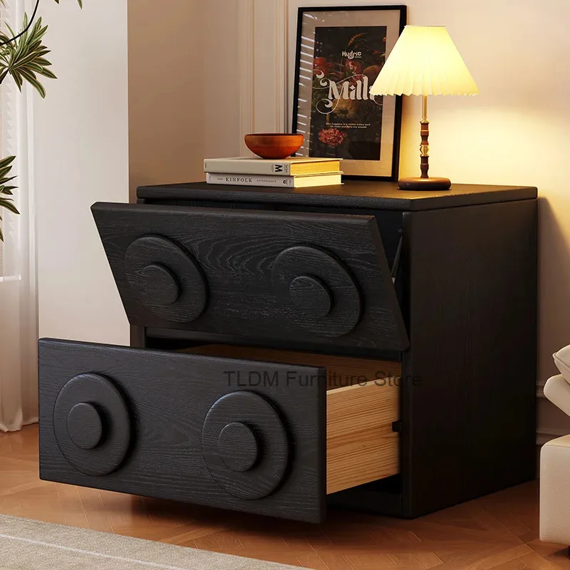 Circular Raised Knob Two Drawer Storage Chest Textured Wood Surface Cabinet Modern Decor Organizer for Bedroom Living Space