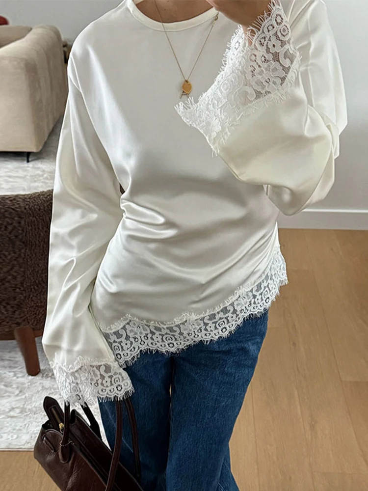 Blouses amples en patchwork à lacets pour femmes, pull-overs ajustés à ceinture et col rond, collect