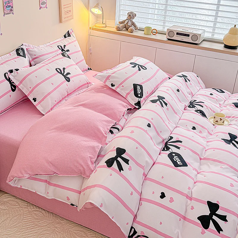 Pink Line Theme Duvet Cover Set Black Bow and Letter Print Bedding Pink and Black Love Heart Quilt Cover Girls Woman Room Decor