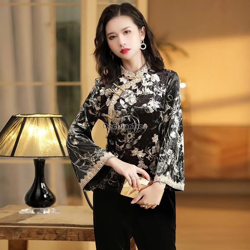 2024 classical elegant lady party temperament qipao top exquisite printing fashionable blouse vintage chinese style women top