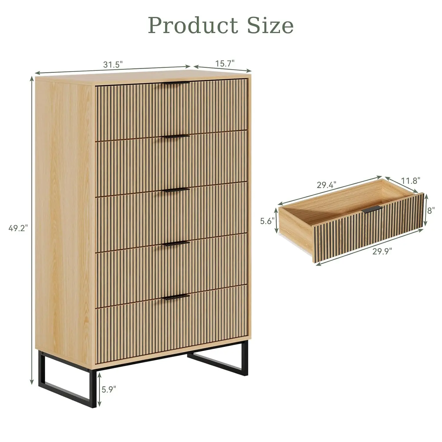 Walnut Dresser 5 Drawers Metal Handles, Bedroom Storage Organizer Striped Drawers, Cabinet for Living Room, Customized