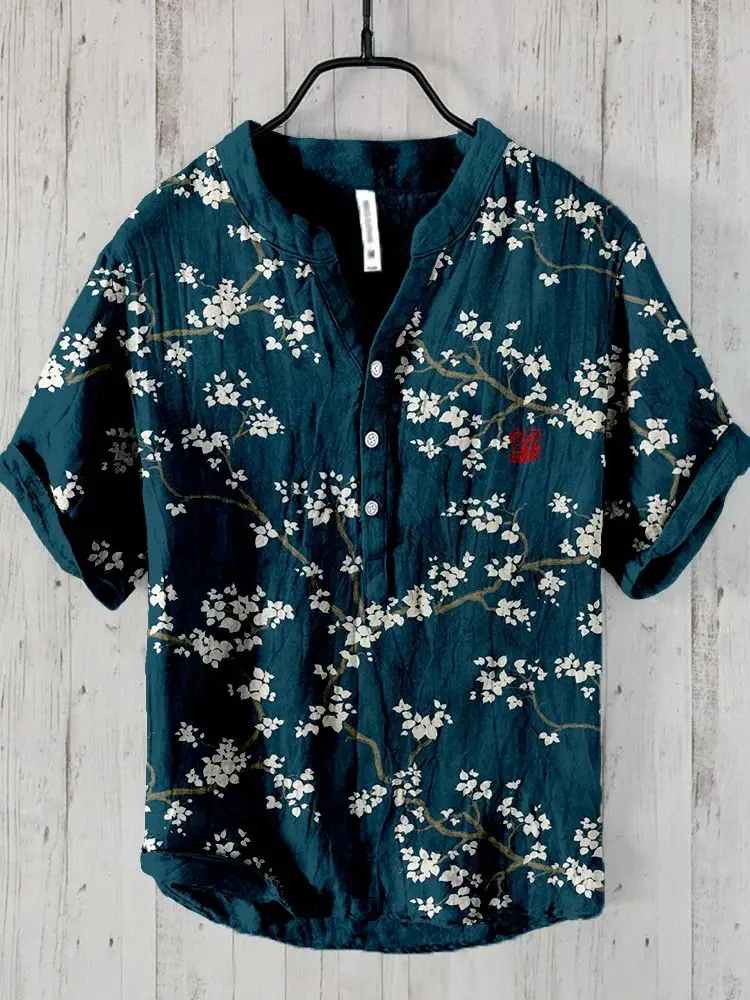 Jersey holgado con estampado de ciruela china para hombre, camisa informal de gran tamaño con cuello en V, Comercio Exterior cruzado, verano, 2024