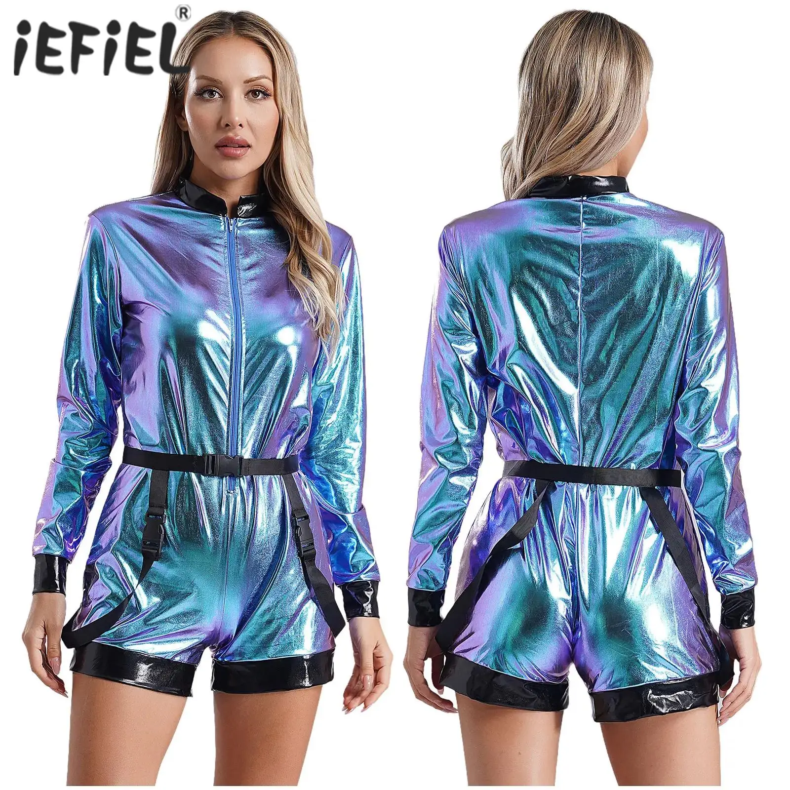 

Womens Metallic Shiny Space Alien Outer Space Cosplay Outfits Coverall Astronaut Costumes Waist Belt Zipper Boyshorts Bodysuit