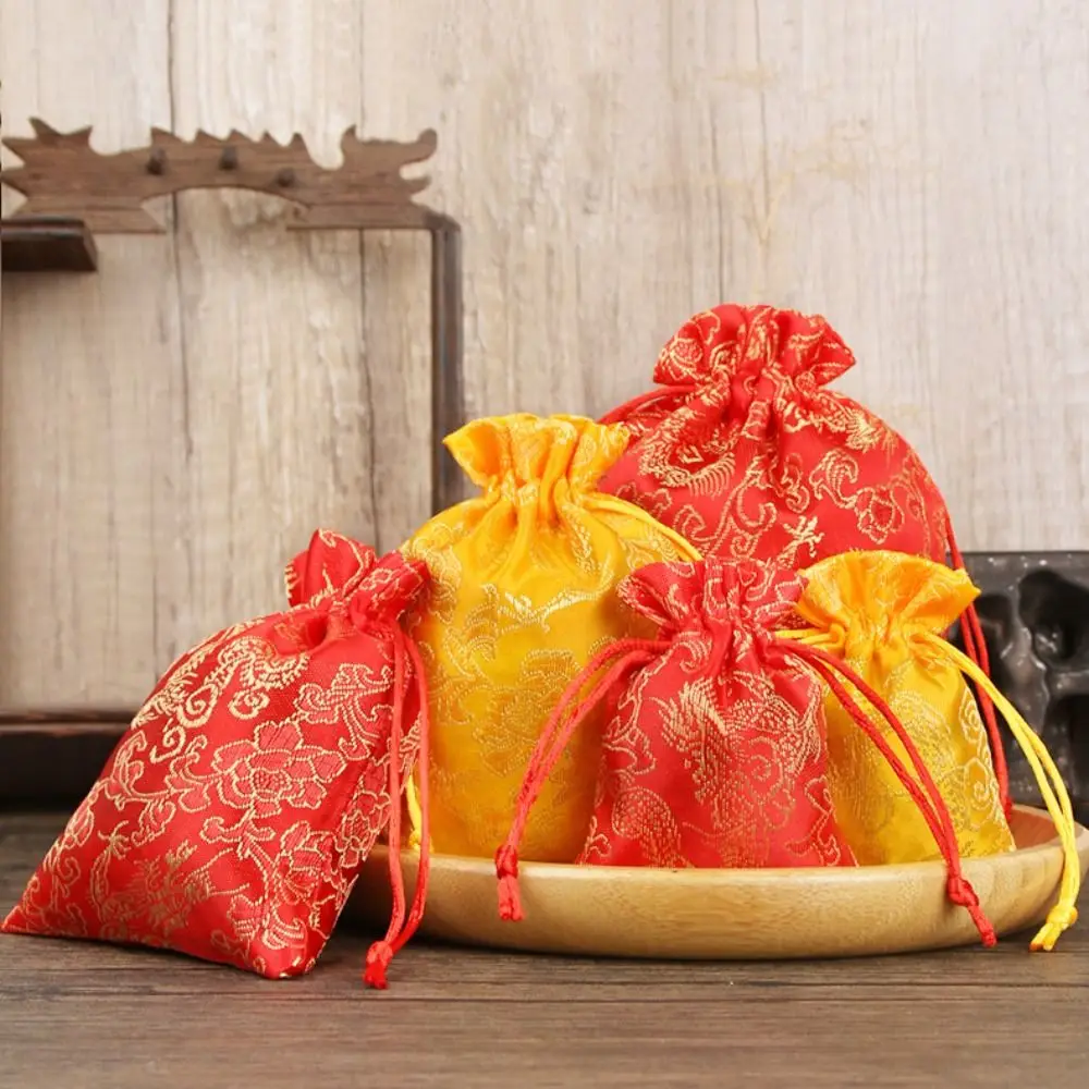 Bolsa de almacenamiento con cordón de flores bordadas de dragón, monedero pequeño de estilo chino, Cartera de cubo, bolso de muñeca Hanfu