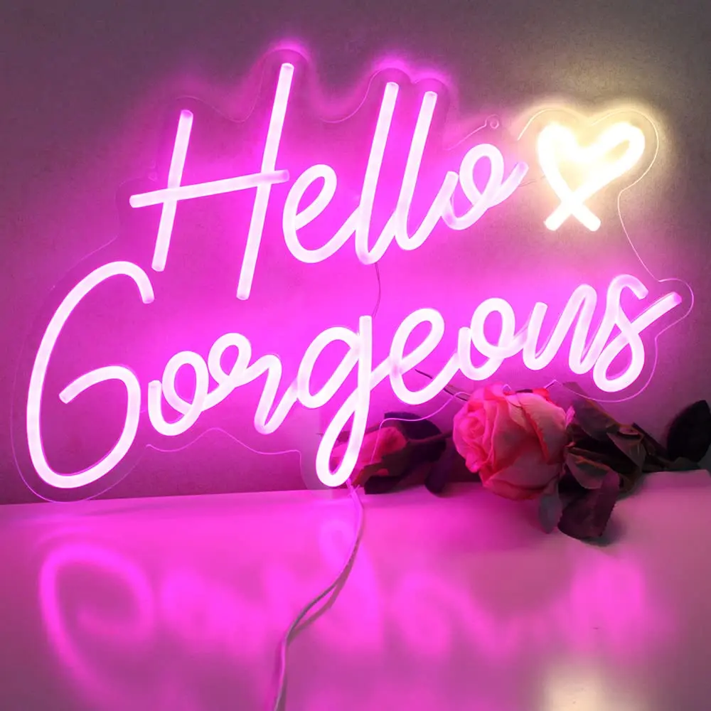 Hello Gorgeous Neon Sign Customizable Pink LED Neon Light with Heart Wall Decor for Girl Bedroom Vanity Makeup Room Bachelorette