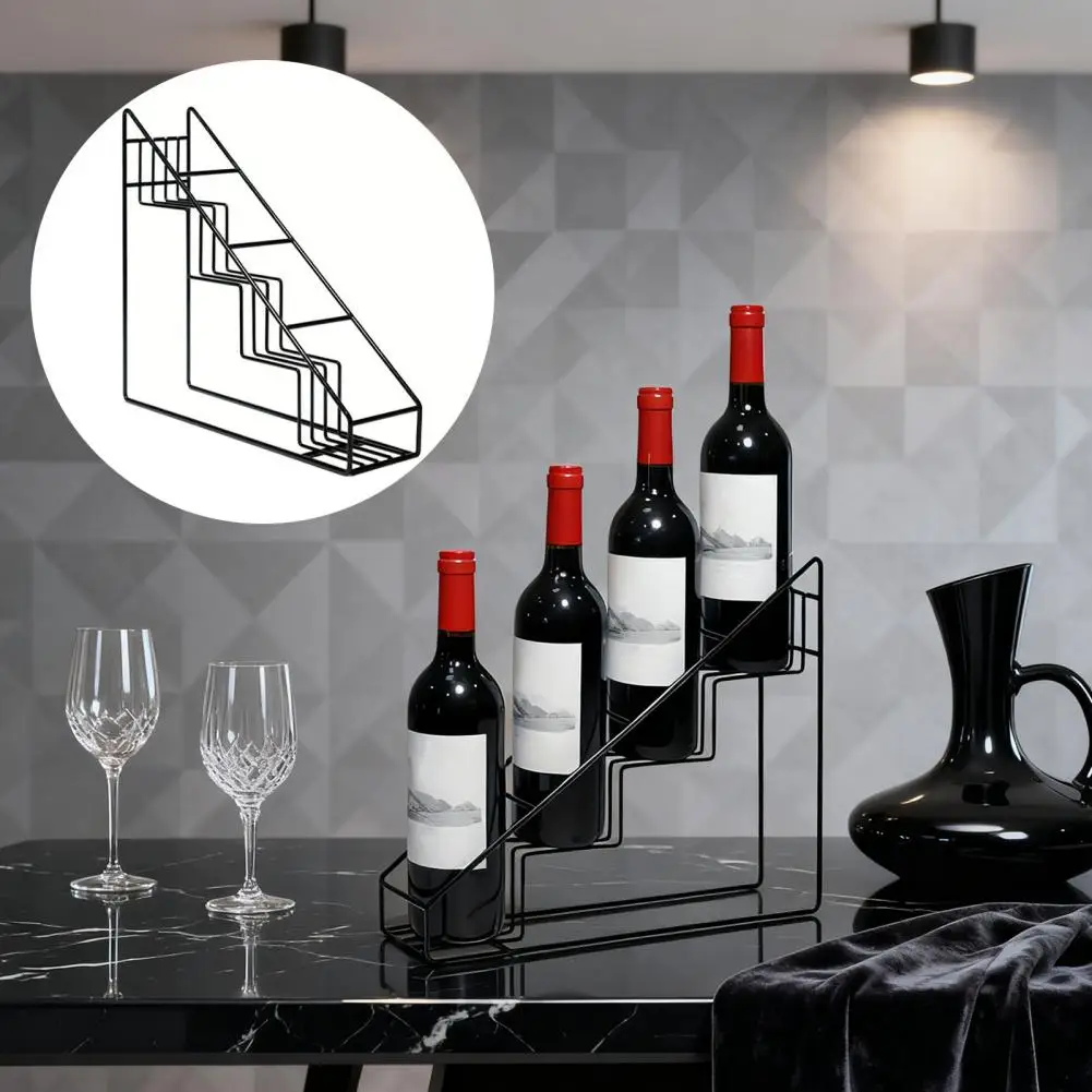 Compact Wine Bottle Holder Tiered Metal Wine Rack 4-bottle Holder Trapezoidal Step Design Vintage Wood Coffee Syrup Bottle Stand
