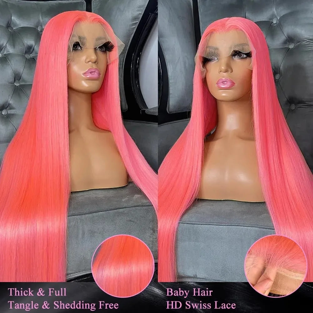 Pink 13x6 Hd Straight Lace Front Wig Human Hair 28 Inch Pink Lace Front Wig Human Hair For Black Women Pre Plucked 260% Density