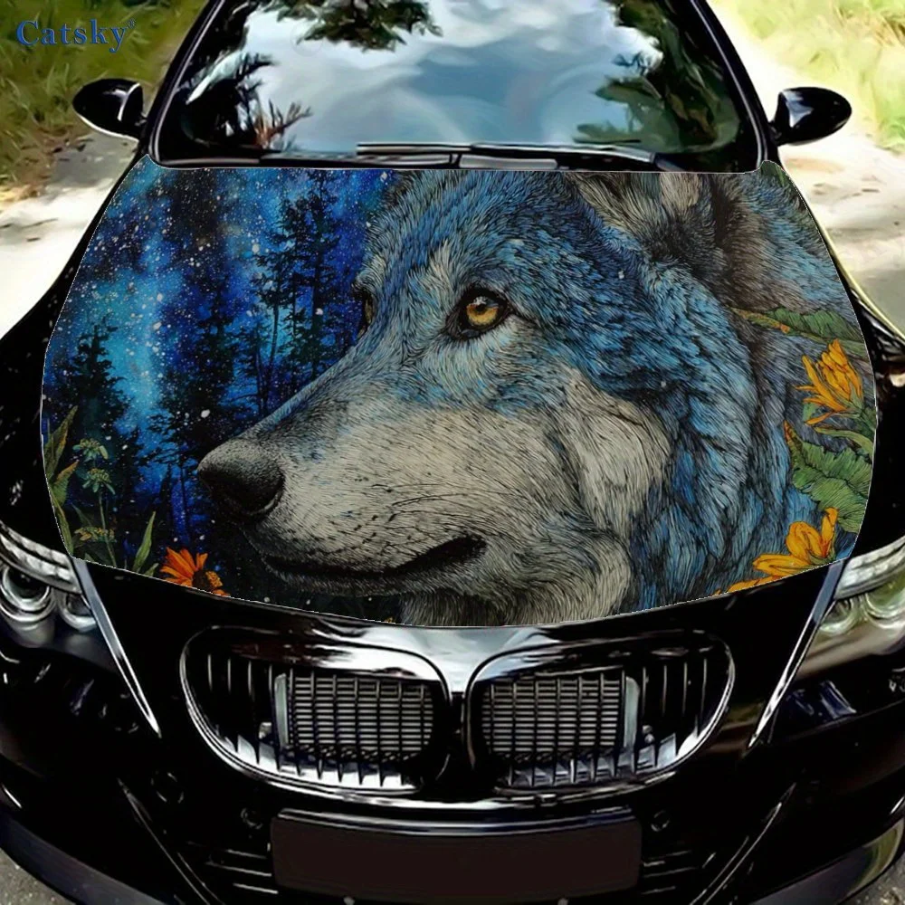 

Blue Wolf with Colorful, Playful Patterns Car Hood Sticker, Personalized & Trendy Auto Art Decal, Self-adhesive Waterproof Car E