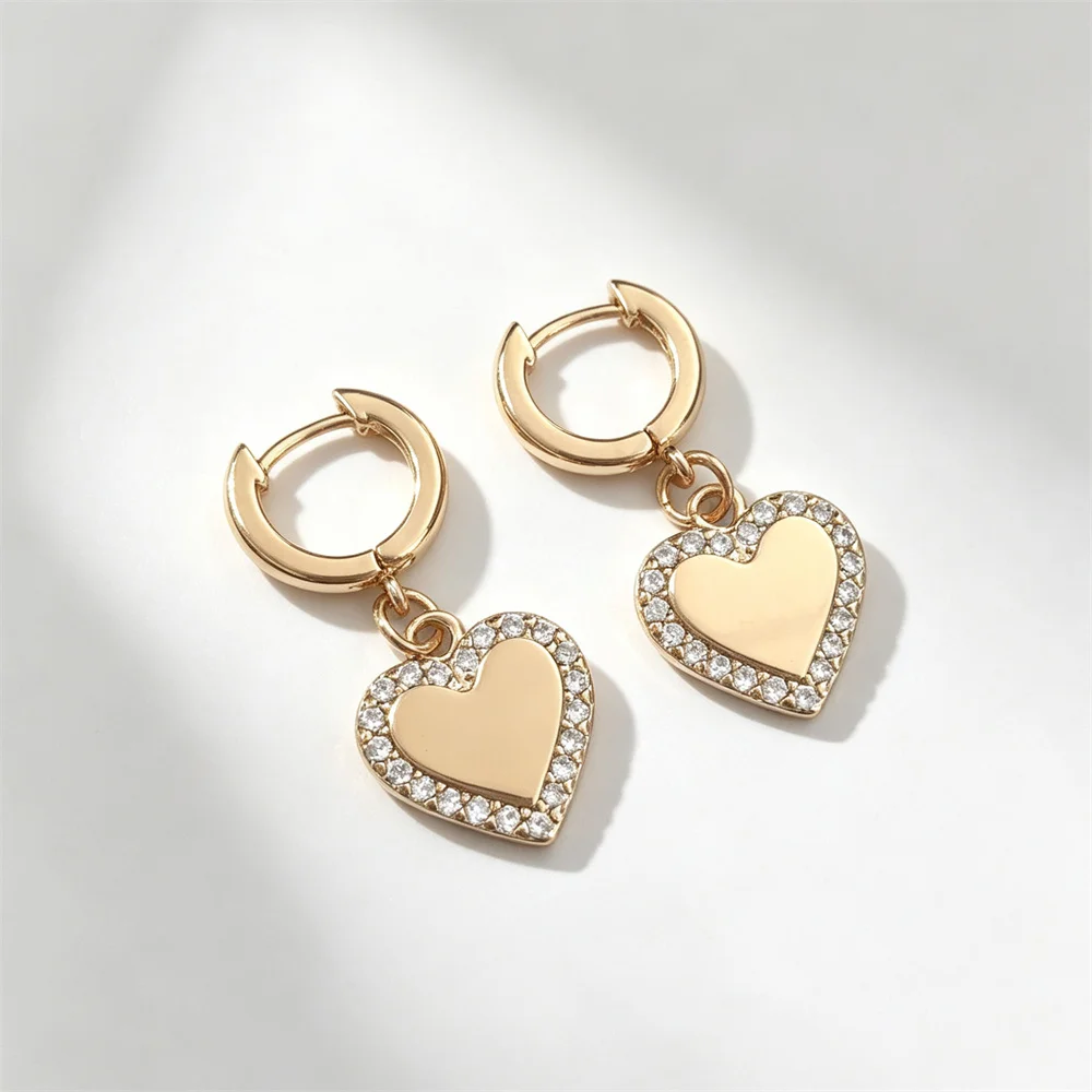 Romantic Gold Color Plating Clear Zircon Paving Heart Charm Hoop Earrings For Women Girl Cute Casual Girly Fashion Jewelry