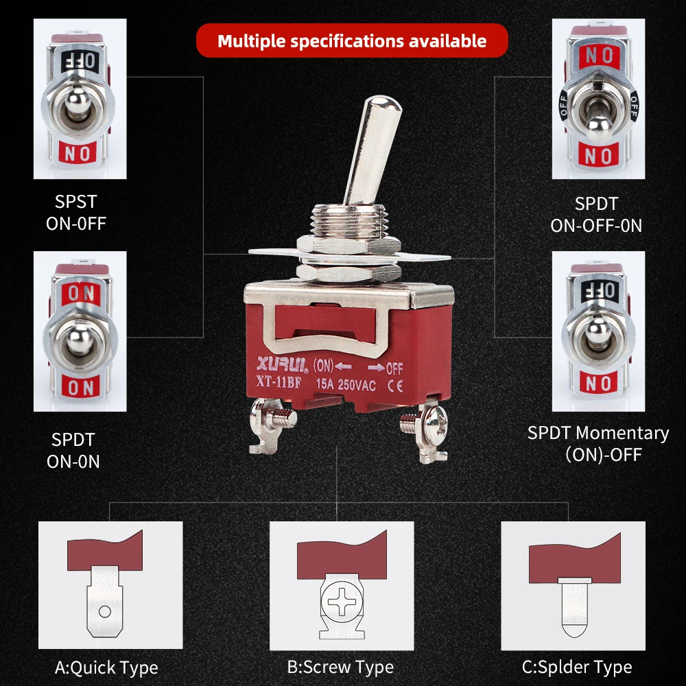 6 قطع، مفتاح تبديل XURUI، XT-11BF، 15A/250VAC، كوب مقاوم للماء مجاني، قوة عالية وغير قابلة للكسر، اتصالات فضية وأطراف نحاسية