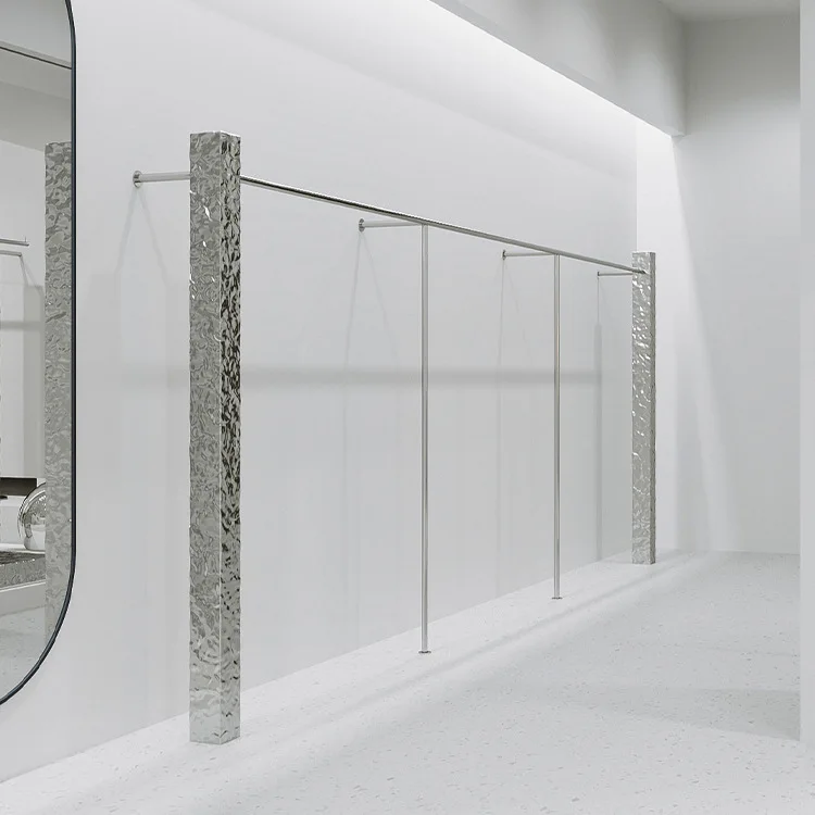 

Water ripple, stainless steel, clothing store, upper wall, display rack, hanger, floor