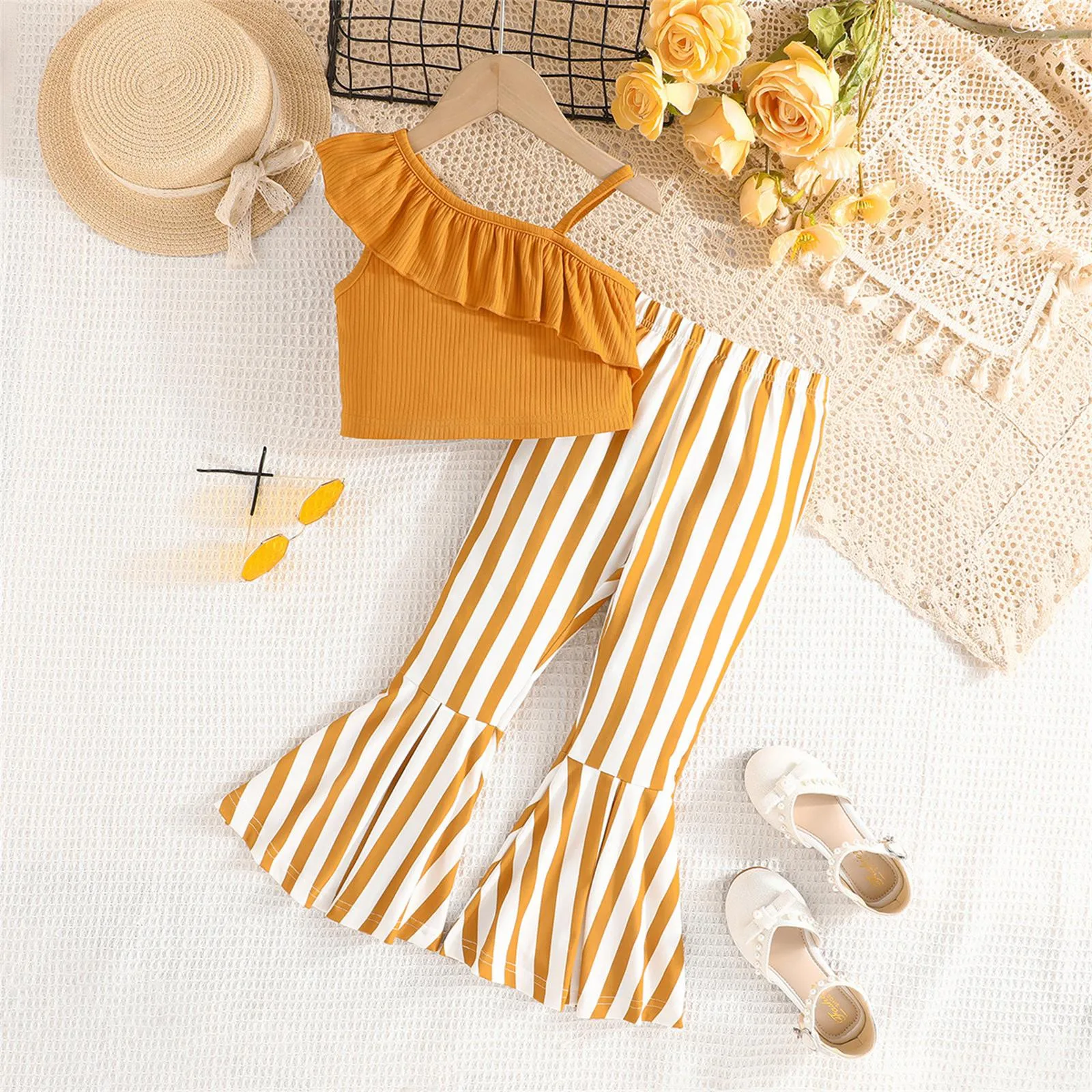 

3-7Y Kids Girls Summer Clothes Sets 2024 Summer Solid Crop Top Sleeveless Vest+ Striped Flared Pants Two Pieces Outfits Sets