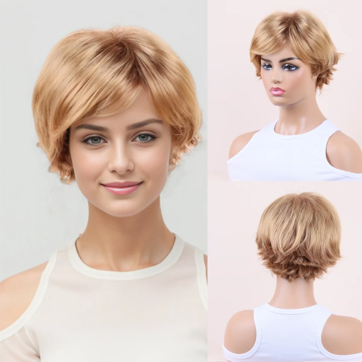 

Gradient gold European American wig short hair ladies synthetic hairstyle high elasticity rose net heat resistant for daily wear