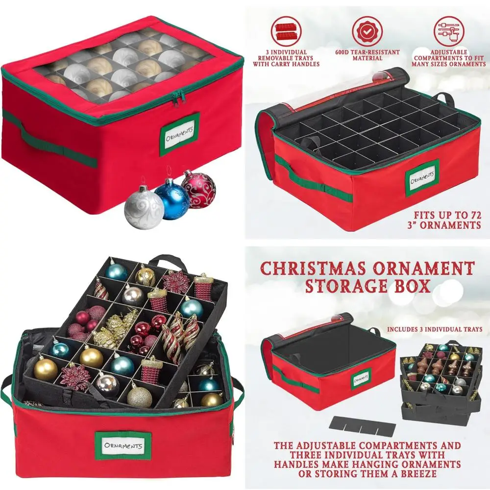 

Christmas Ornament Organizer with 3 Removable Trays, Holds 72 Ornaments, Durable Storage Box, Space-Saving Design