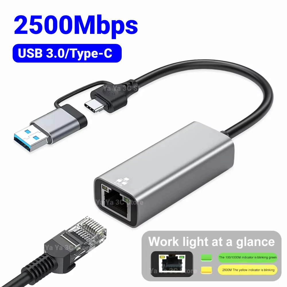 2500Mbps Ethernet Adapter USB 3.0 Type C Network Card 2.5G Ethernet Gigabit Adapter Lan Card Hub for MacBook iPad Win 7/8/10/11