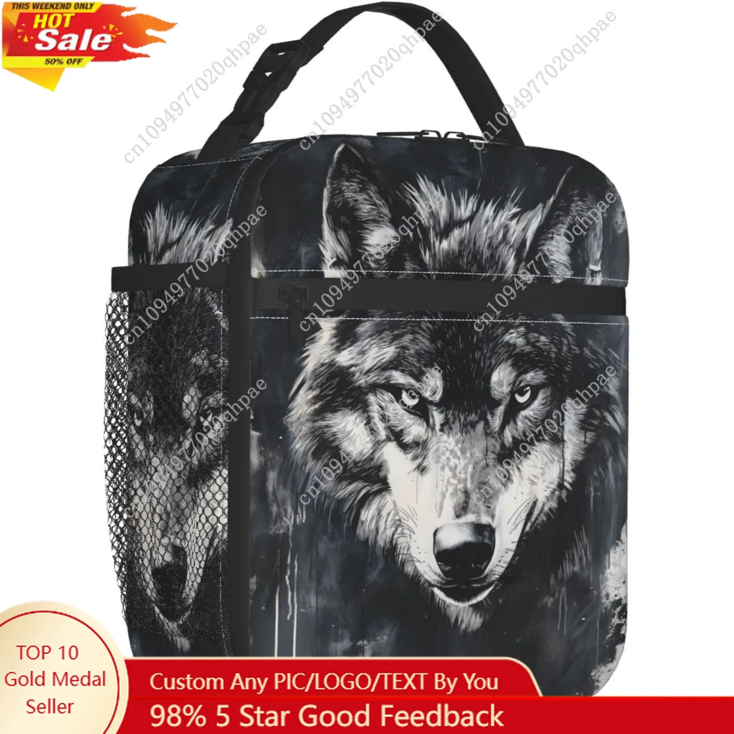 

Wolf Lunch Bag, Polyester Tote Bags with Bold Black and White Animal, Insulated Lunchbox, Portable Lunchbag Decor Gifts for Work
