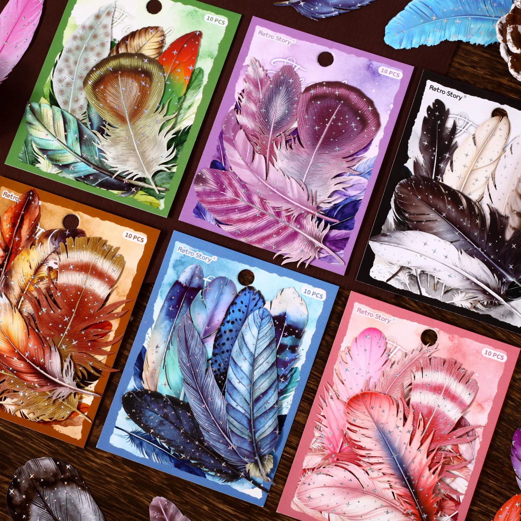 

JIANQI 10 sheets Vintage Creative Feather Stickers pack Decorative Scrapbooking Diary Album hand made junk journal supplies