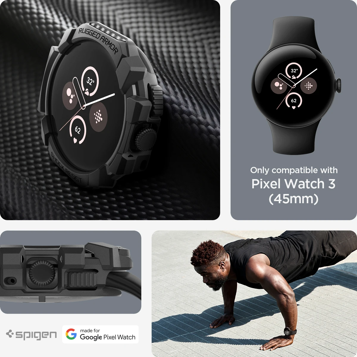 Google Pixel Watch 3 用 Spigen Rugged Armor ケース 黒