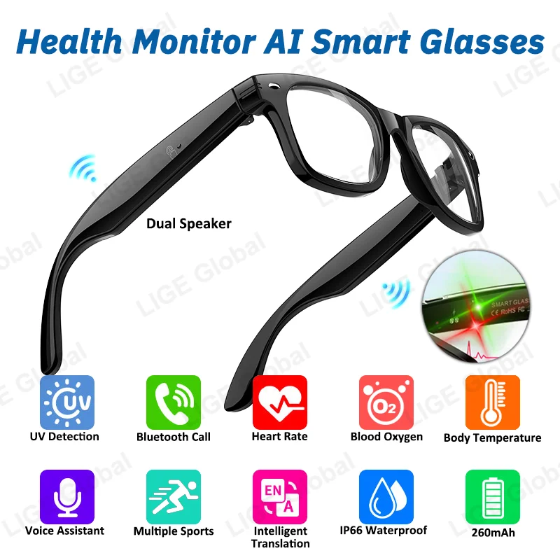

LIGE UV Detection Smart Glasses Heart Rate Blood Oxygen Health Monitor Sports AI Translation Voice Assistant BT Call Sunglasses
